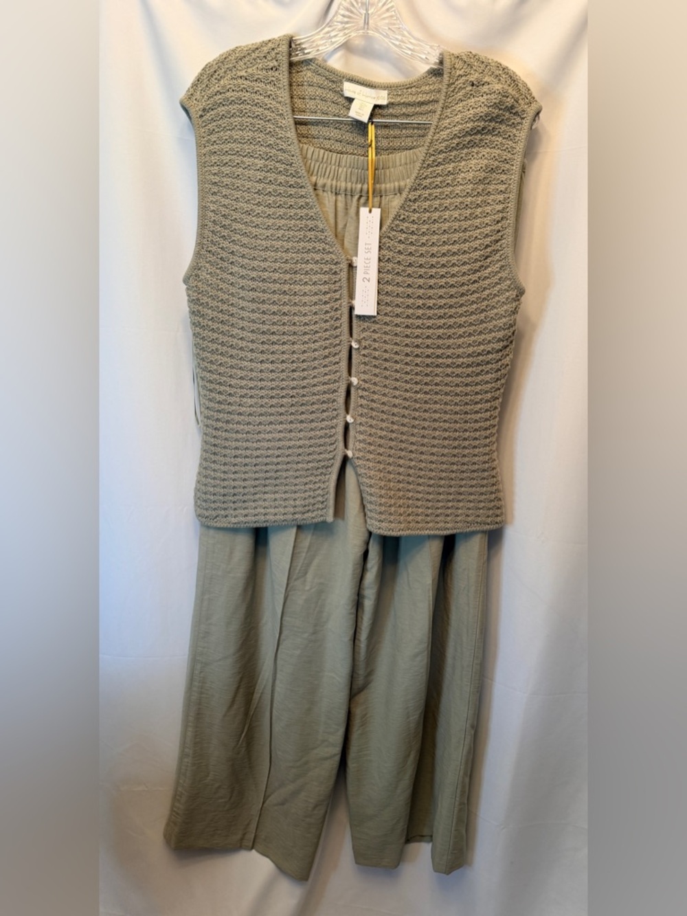 NEW House of Harlow 1960 Size Large Knit Cardigan Wide Leg Pant Set Sage Green